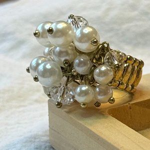 Fun Cocktail Ring Loose Pearl and Crystal Cluster in Gold Tone - Fits Anyone!